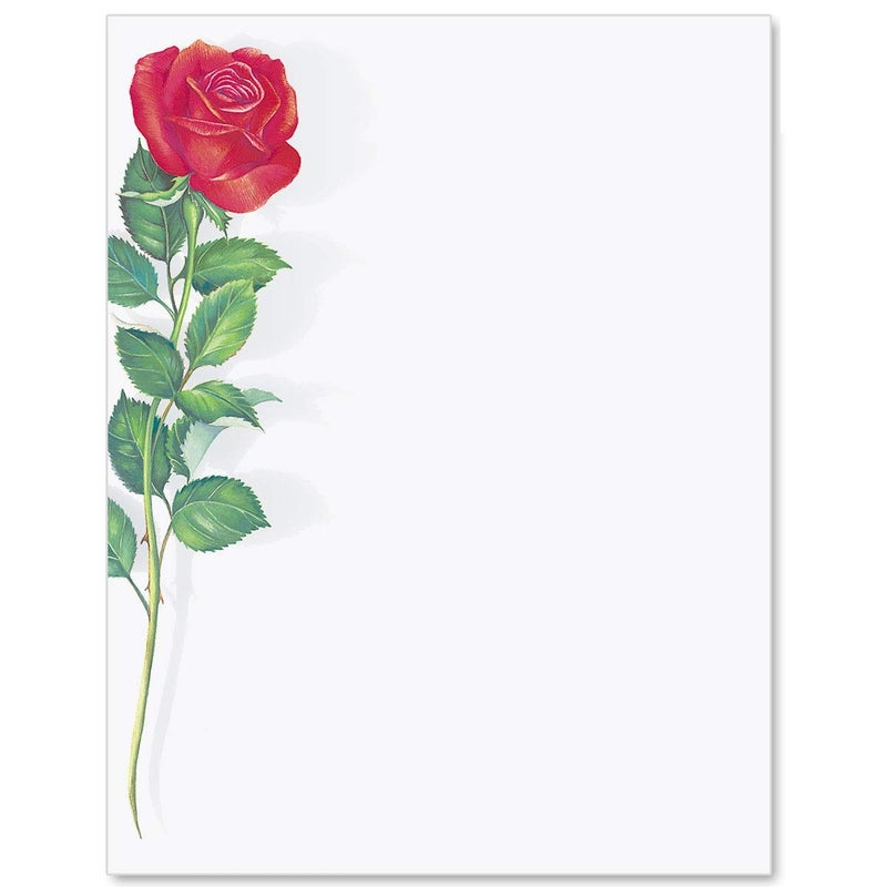 PaperDirect Elegant Red Rose Border Paper, White Background with Large Single Stem Red Rose on Left Side, 8.5 x 11, Acid-Free, Ideal for Invitations, Letters, Cards, 100 Sheets